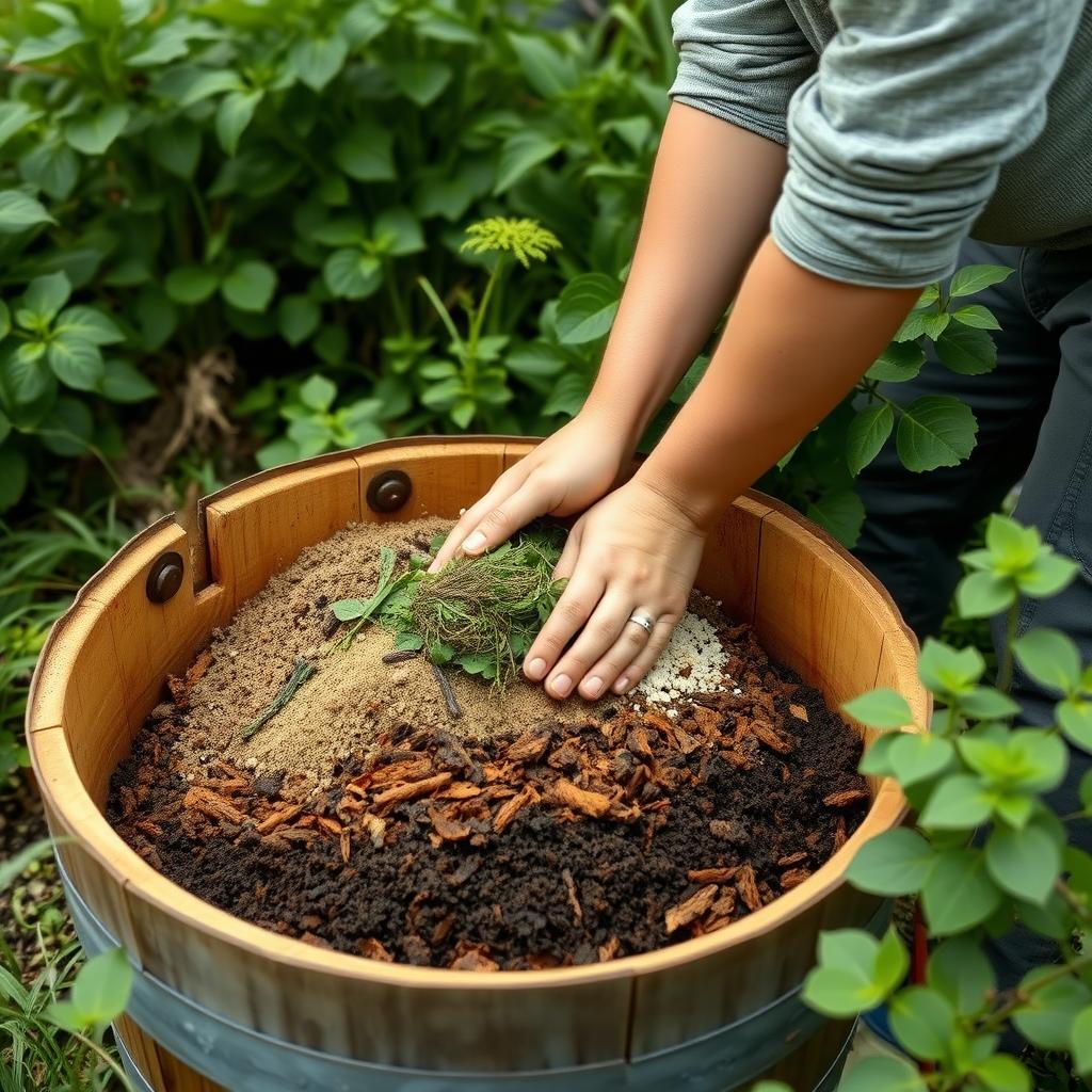 Farmer preparing biodynamic compost with herbs and minerals in a sustainable vineyard.