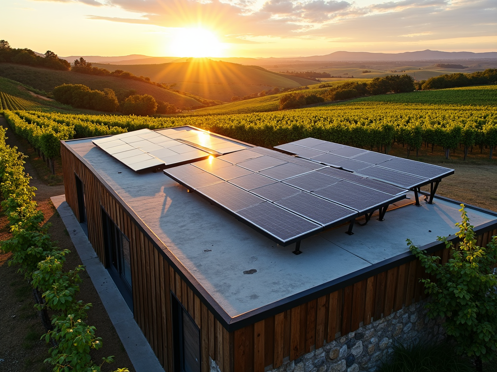 Solar panels atop a winery, blending sustainability with wine production.