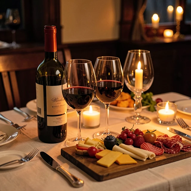 Romantic dinner table with red wine and charcuterie