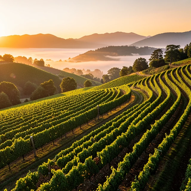 Aerial view of Willamette Valley vineyards at sunset
