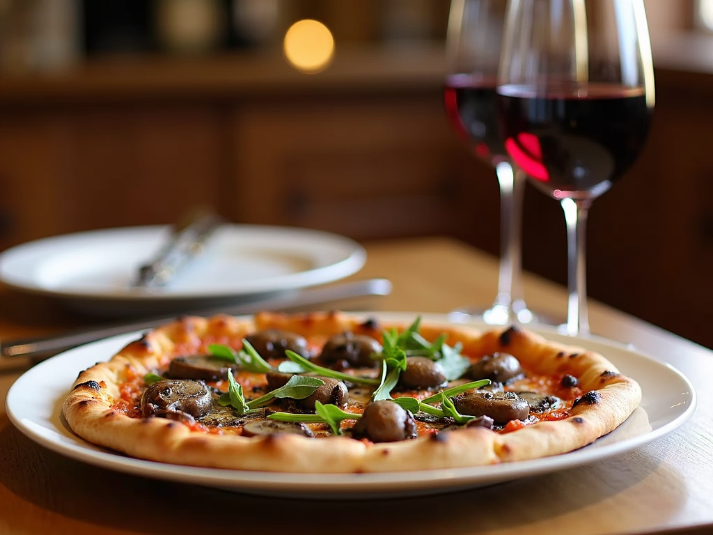 Wild mushroom pizza paired with Cambria Pinot Noir.