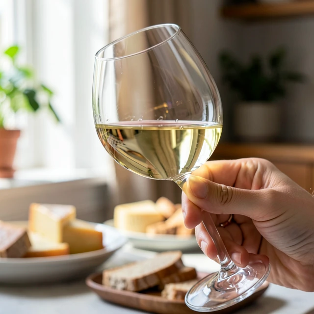 Person swirling white wine in a glass during a home tasting session