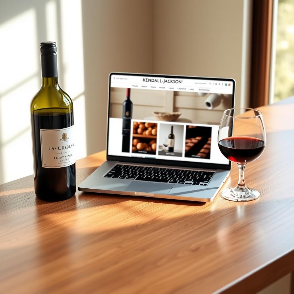 A laptop showing the Kendall-Jackson online store, with a bottle of La Crema Pinot Noir and a glass of wine on a wooden desk.