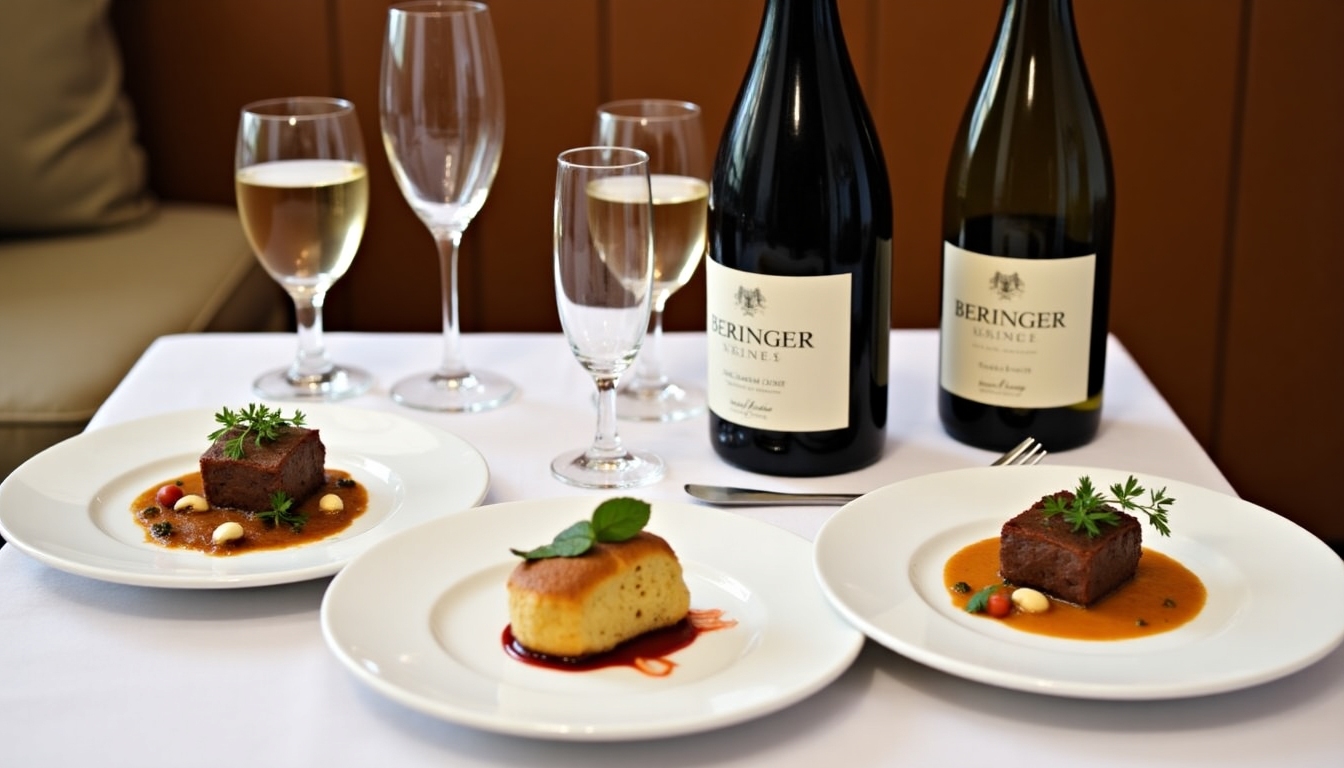 An elegantly set dining table with Beringer wines paired with a gourmet meal.