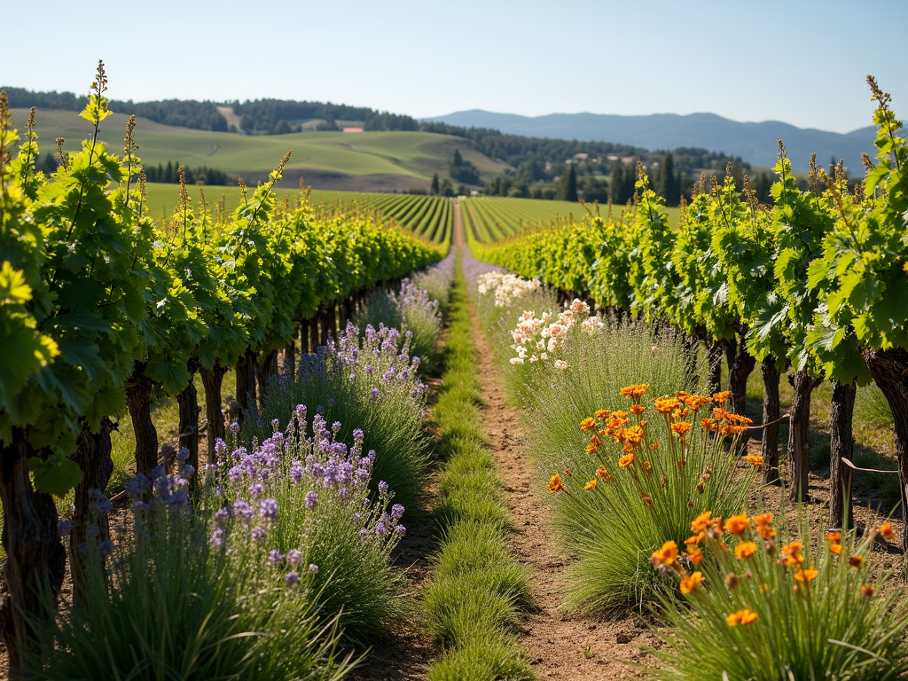 Biodiverse vineyard with various plants among the grapevines.