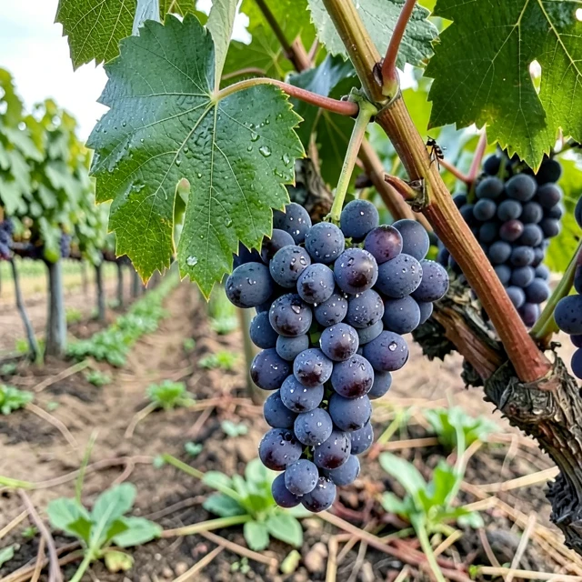 Close-up of organic grapes on the vine highlighting natural health and sustainability