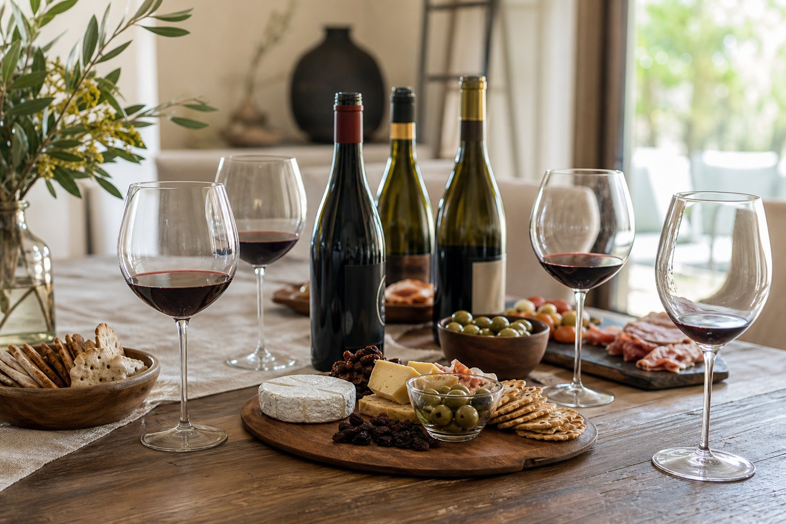Elegant home wine tasting table with glasses and pairings