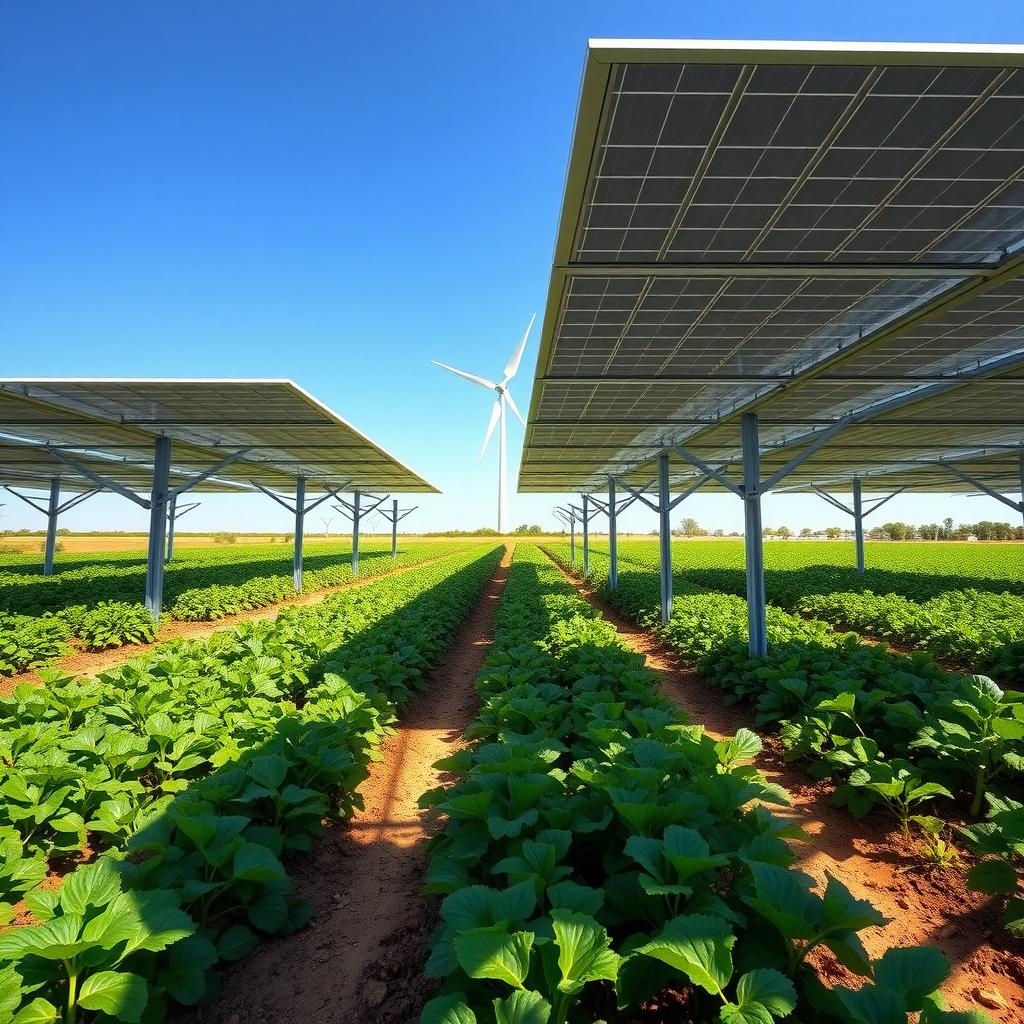 Crops grow under solar panels in an agrivoltaics farm, with a wind turbine in the background.