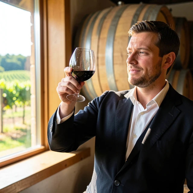 Wine taster examining a glass of red wine in a sunny tasting room