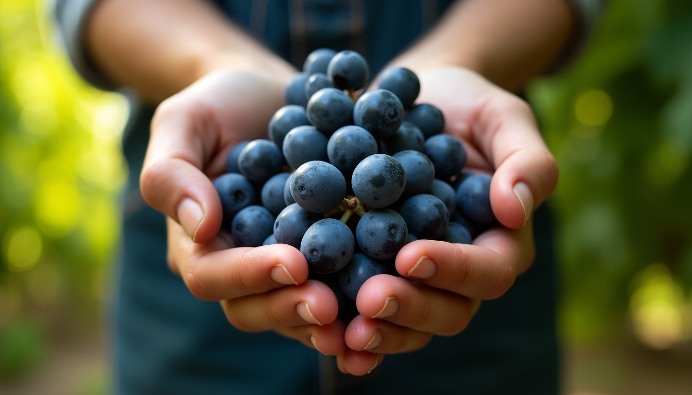 Vineyard worker holding ripe grapes in the morning light.