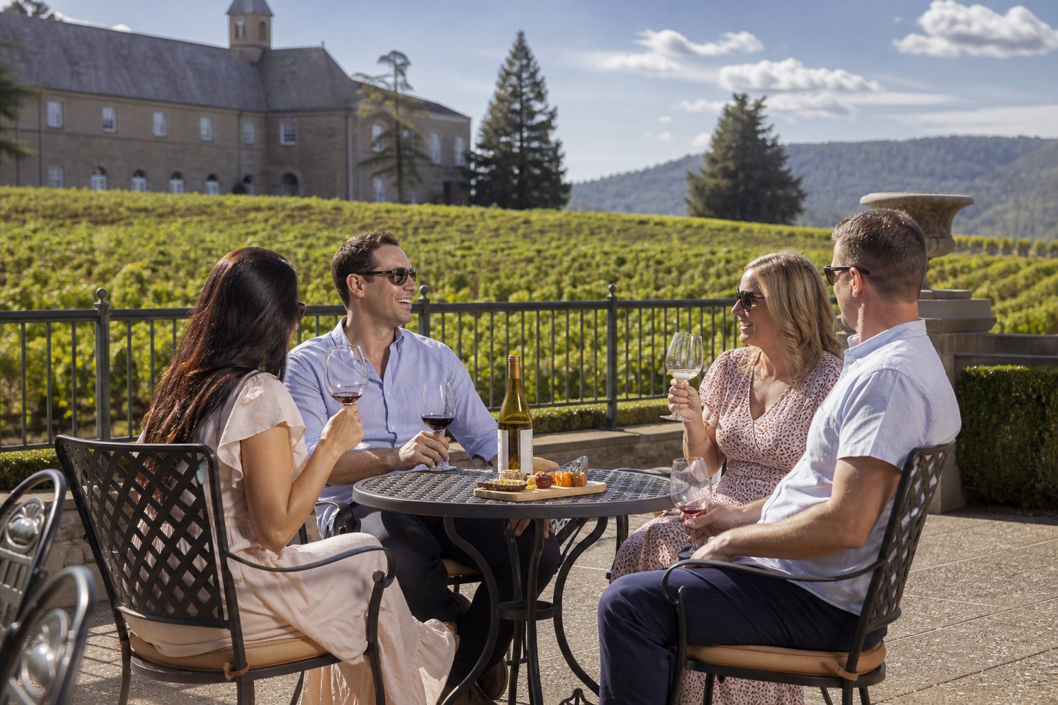 Tourists enjoying a relaxed tasting on Beringer winery grounds with beautiful vineyard views