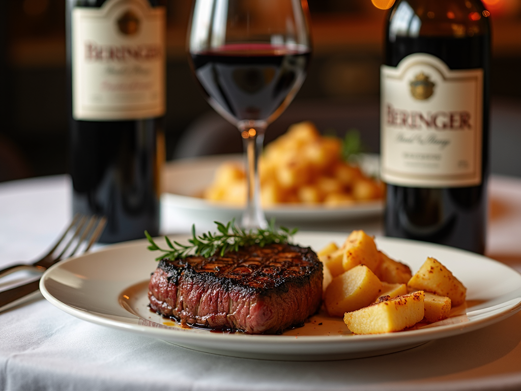 A dining table set with steak, red wine, and a bottle of Beringer Cabernet Sauvignon.