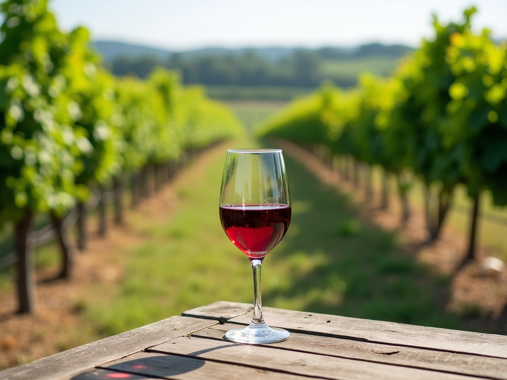 A glass of wine with a scenic view of a biodiverse vineyard.