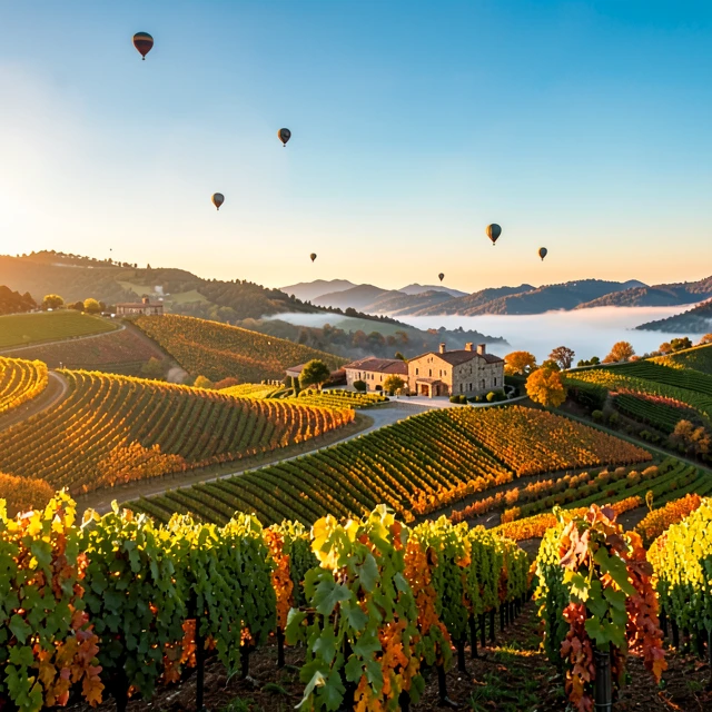 Scenic sunrise over Napa Valley vineyards with hot air balloons
