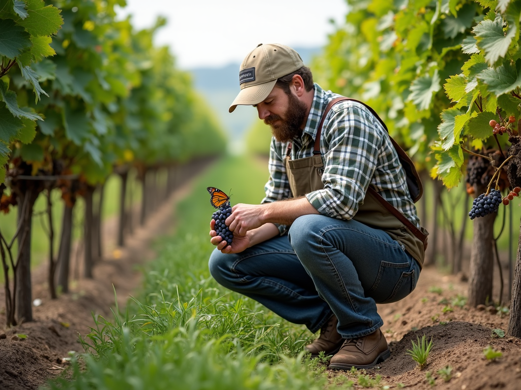 A farmer checking grapes in a biodiverse vineyard