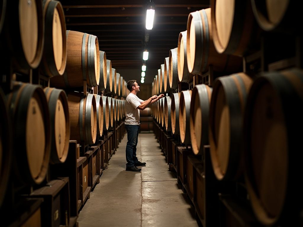 Beringer's aging cellar with oak barrels.