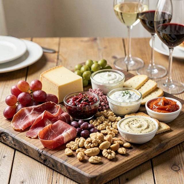 Delicious charcuterie board with cheeses and meats for wine pairing at home