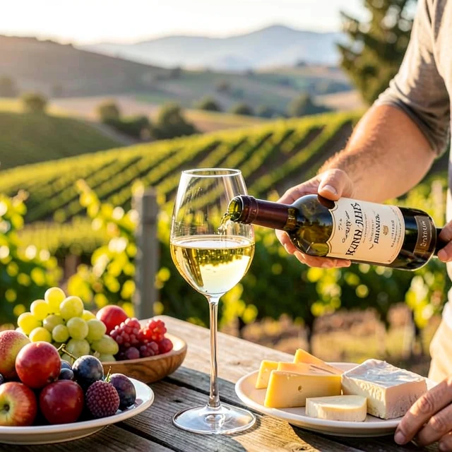Pouring a fresh glass of Chardonnay from Jackson Family Wines with vineyard view in background