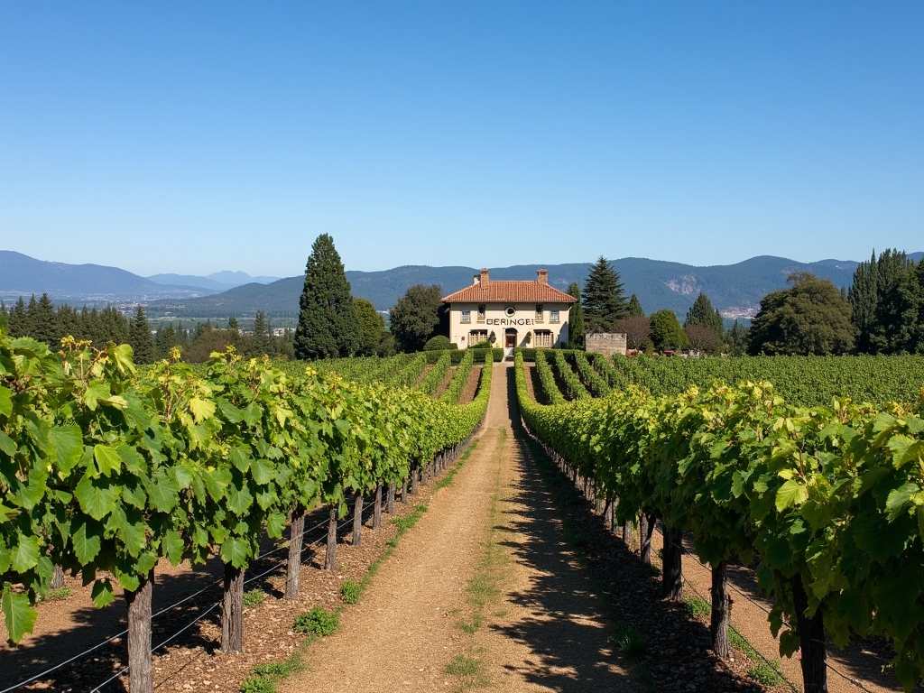 The Rhine House at Beringer Vineyards with vineyards stretching into the distance.