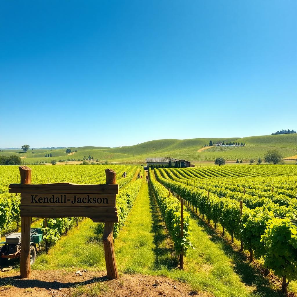 Sunlit vineyard in Sonoma County with a Kendall-Jackson sign and workers among grapevines.