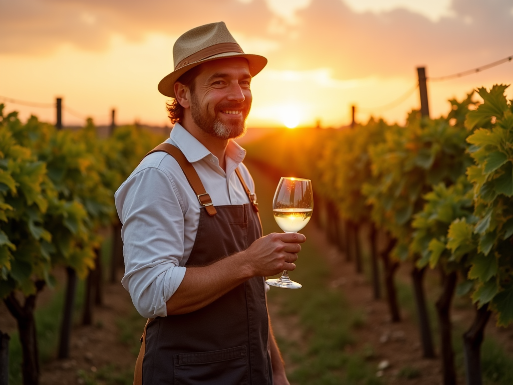 Winemaker in a sustainable vineyard, proud of eco-friendly practices.