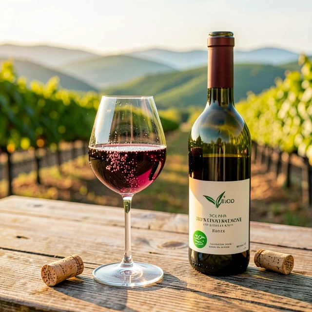 Wine tasting experience highlighting a sustainable wine bottle in a vineyard setting