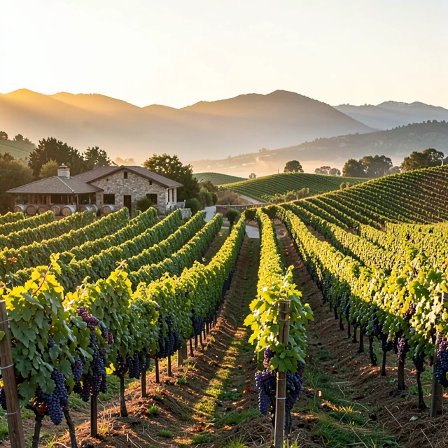 Stunning Napa Valley vineyards at sunset showcasing rows of grapevines