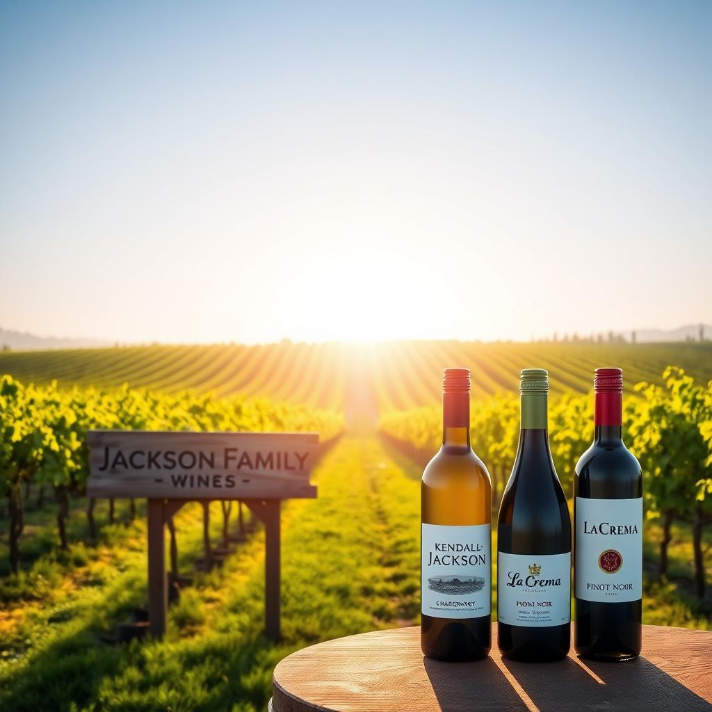 Sunlit Sonoma County vineyard with Jackson Family Wines bottles on a wooden table