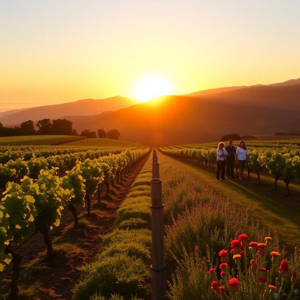 Cambria Estate Vineyard at sunset with sustainable farming display