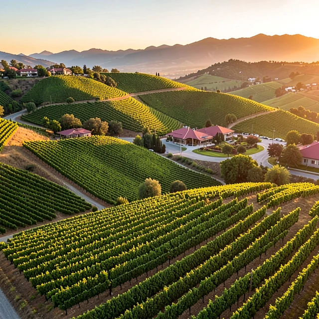 Aerial view of Napa Valley vineyards at sunset