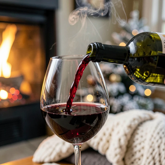 Pouring a glass of red wine in a cozy winter setting