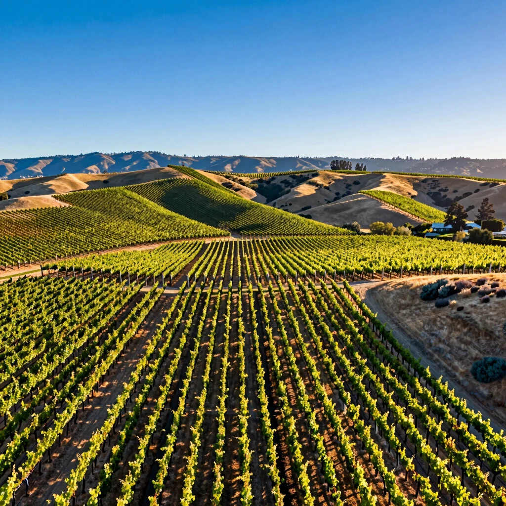 Aerial view of lush organic vineyard in California with rolling hills and grapevines
