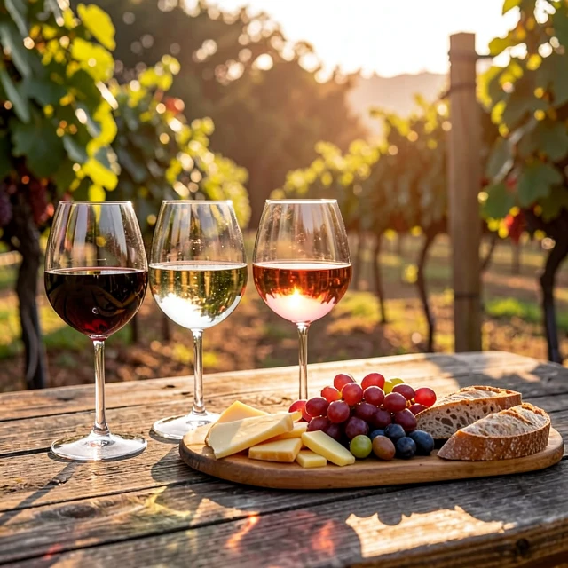 Outdoor wine tasting setup with charcuterie in a vineyard