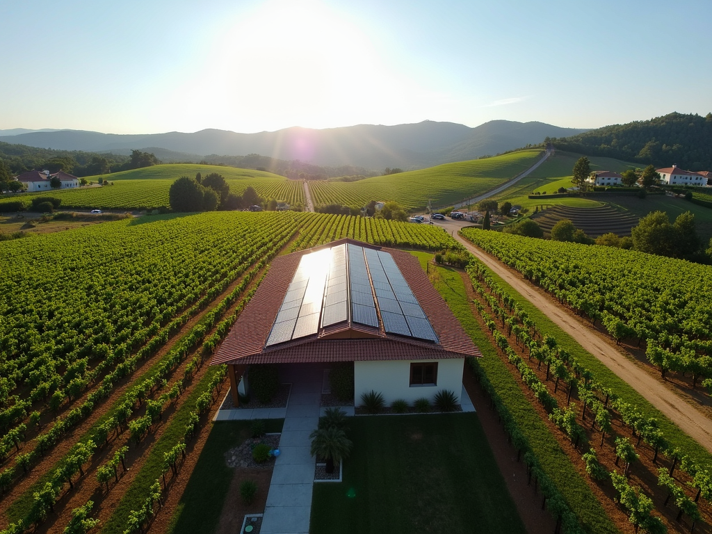 Sustainable winery with solar panels and vineyard