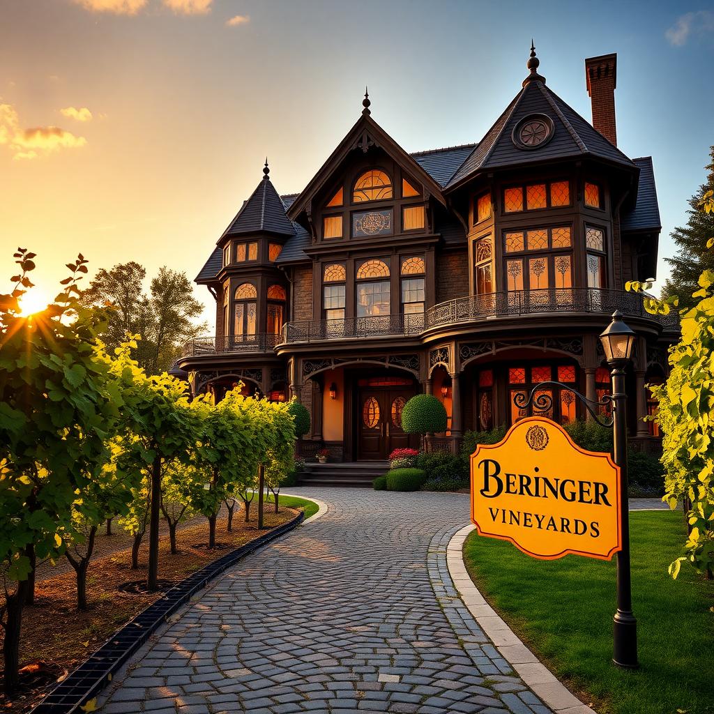 Beringer Vineyards’ Rhine House at sunset with vineyards and a cobblestone path