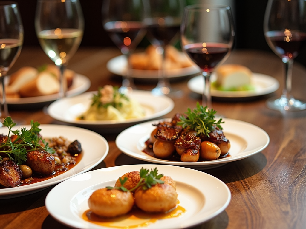Wine and food pairing on a dining table
