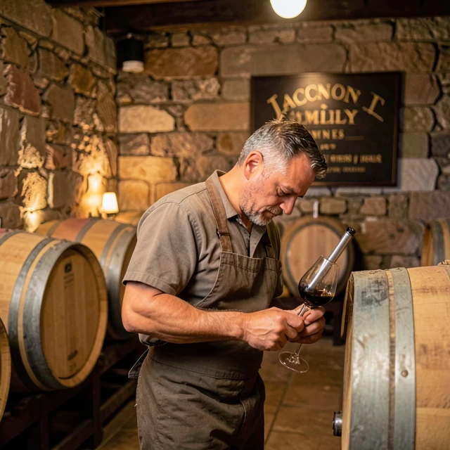 Winemaker tasting wine from oak barrels in the cellar at Jackson Family Wines