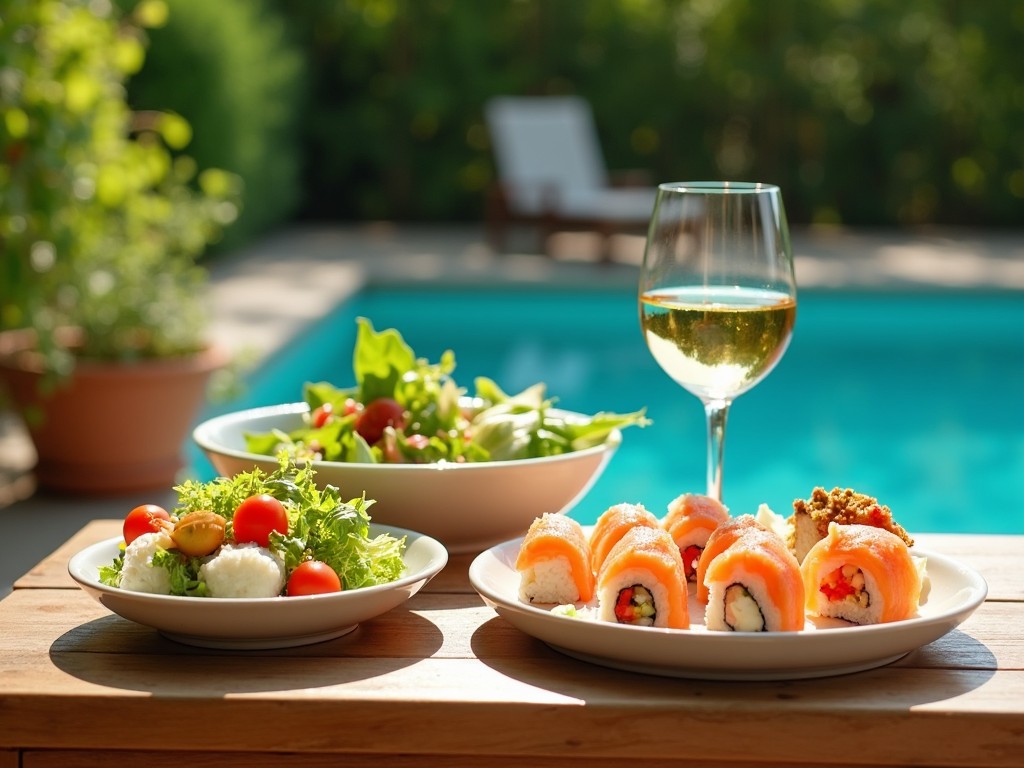 A refreshing summer meal with a glass of Chardonnay alongside a plate of sushi and salad.