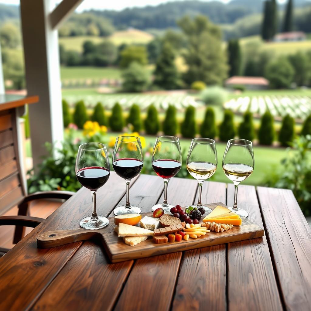A wine tasting setup on the Rhine House veranda at Beringer Vineyards, featuring wine glasses, a charcuterie board, and scenic Napa Valley gardens.