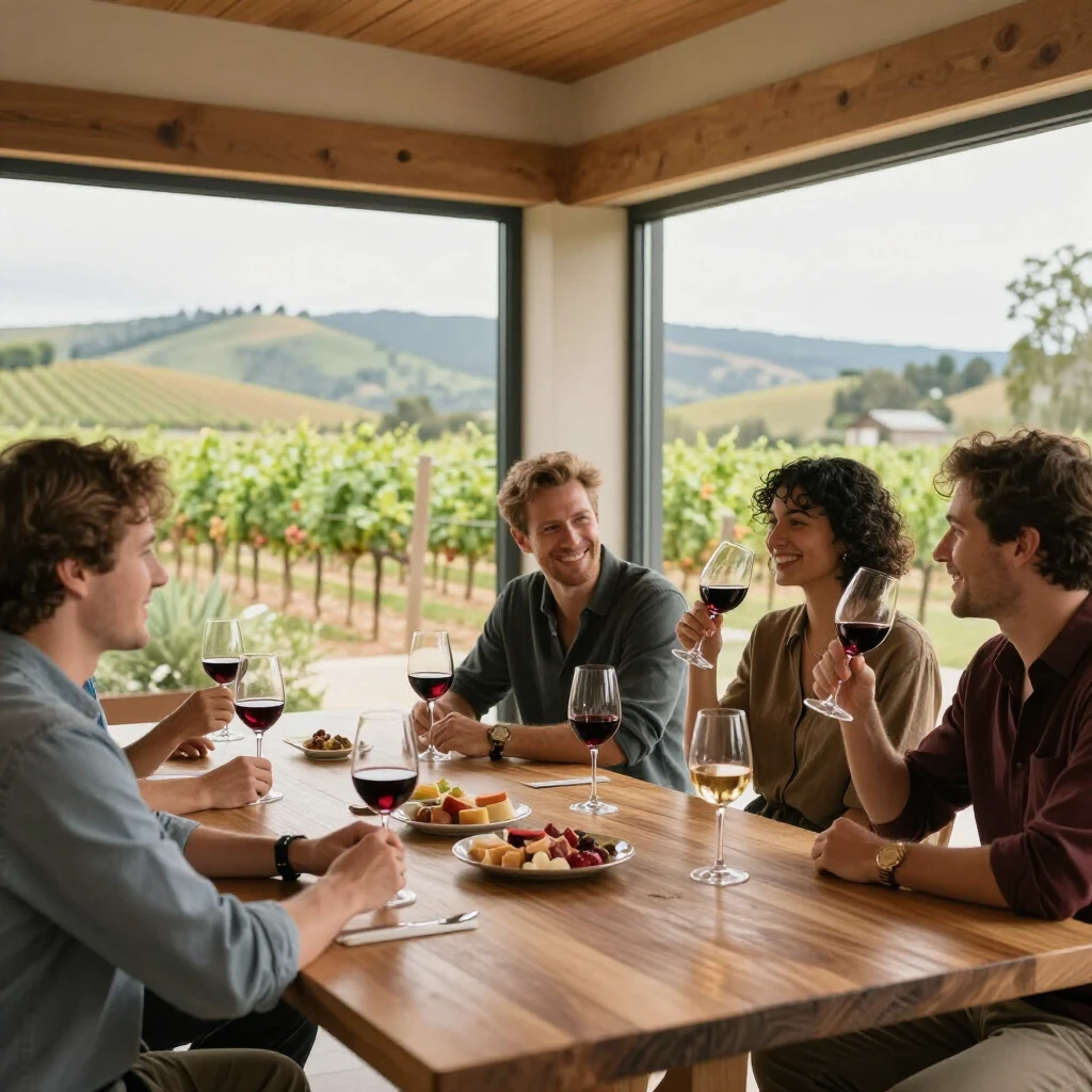 Group enjoying wine tasting in a modern room overlooking Sonoma vineyards