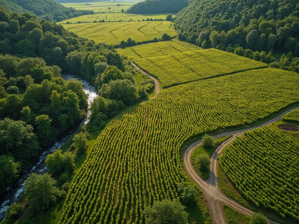 Vineyard flowing into natural landscapes from above.