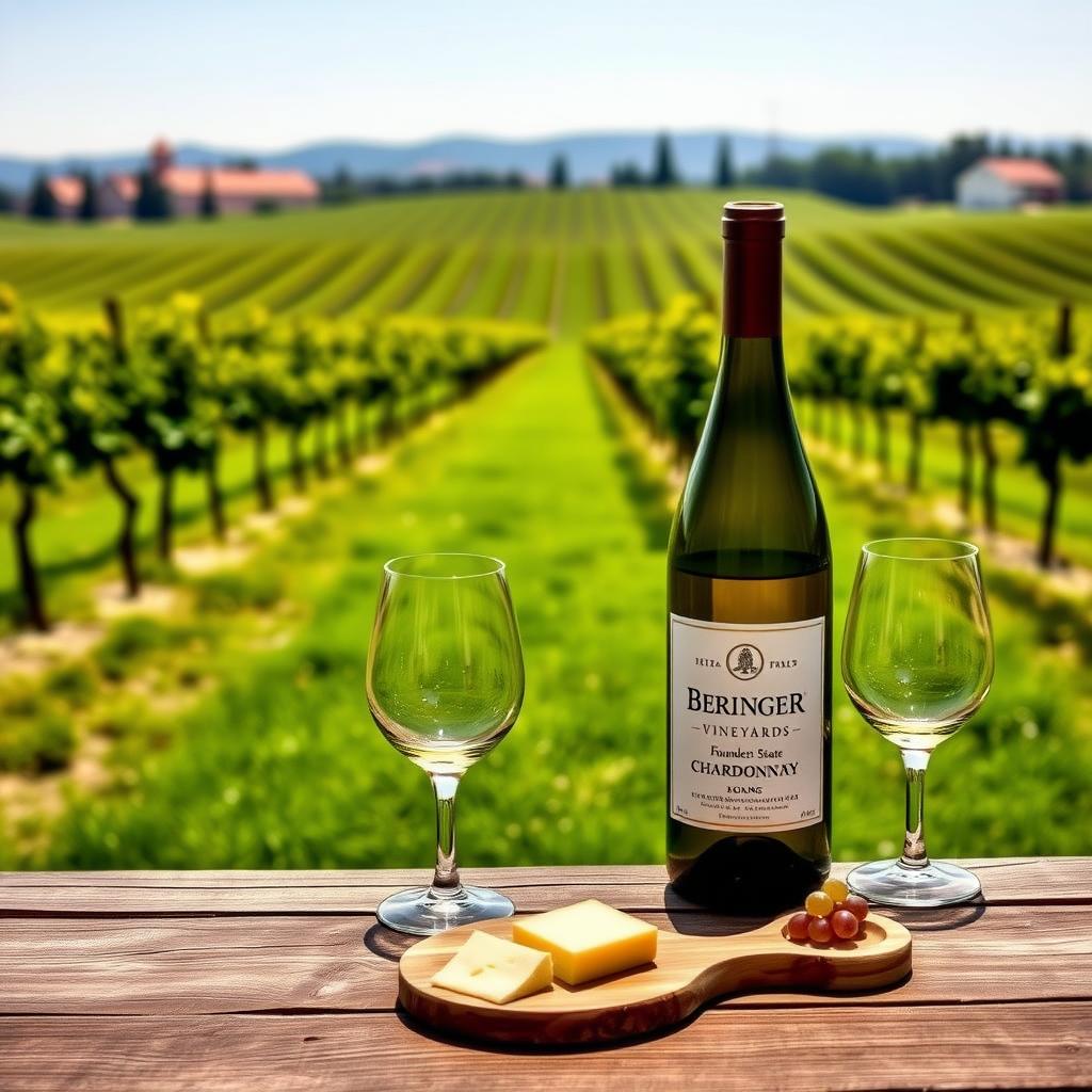 Beringer vineyard with a bottle of Founders’ Estate Chardonnay and a cheese platter on a table.
