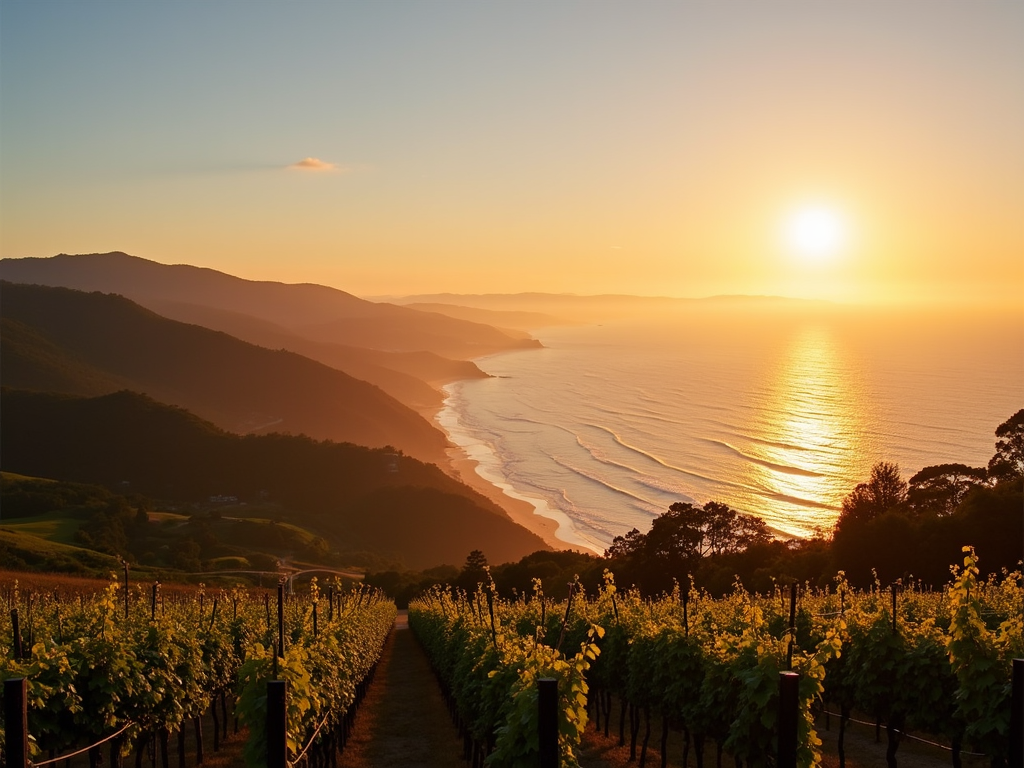 Sunset over the Sonoma Coast with vineyards and ocean views.