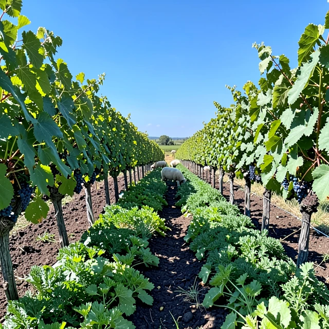 Vibrant regenerative vineyard with cover crops and grazing sheep