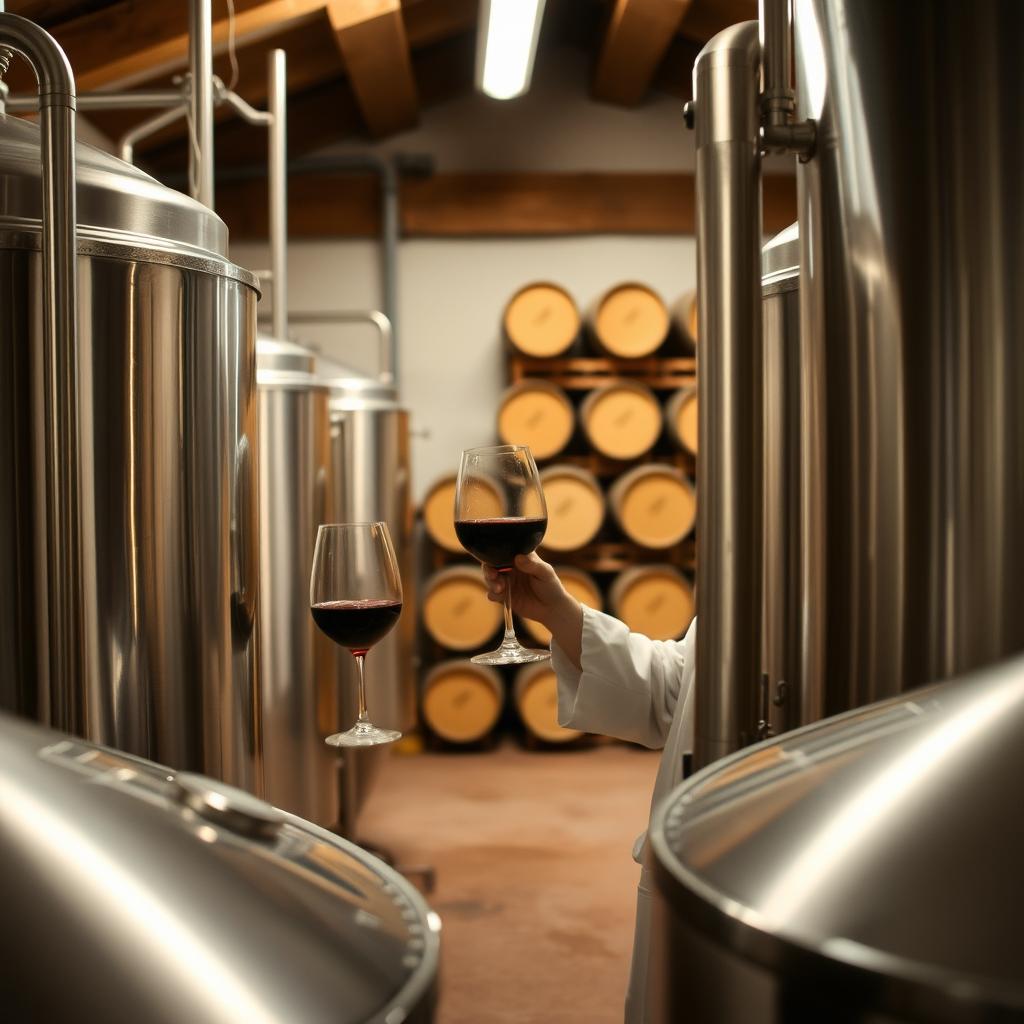 Winemaker inspecting fermentation tanks in a rustic winery