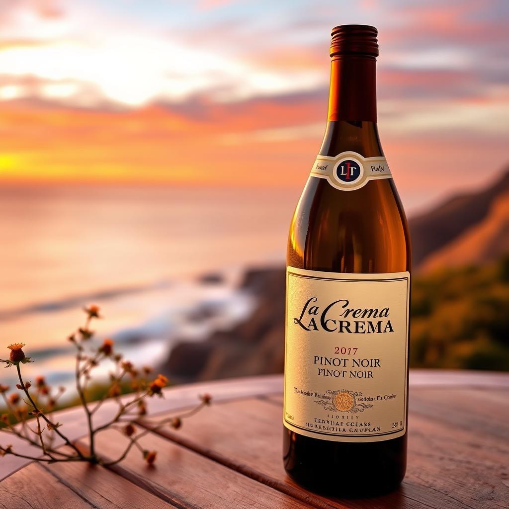 La Crema Pinot Noir bottle on a cliffside table at sunset
