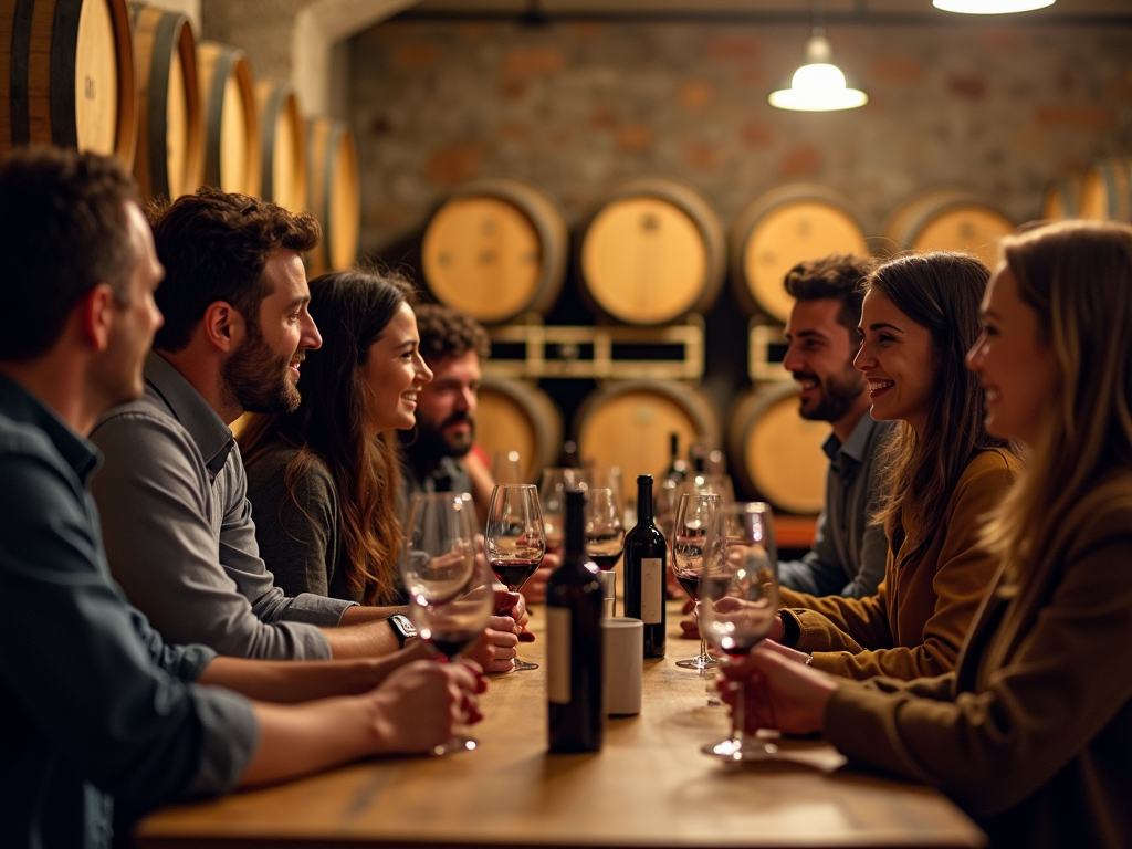 Wine lovers tasting Jackson Family Wines’ sustainable creations in a rustic winery.