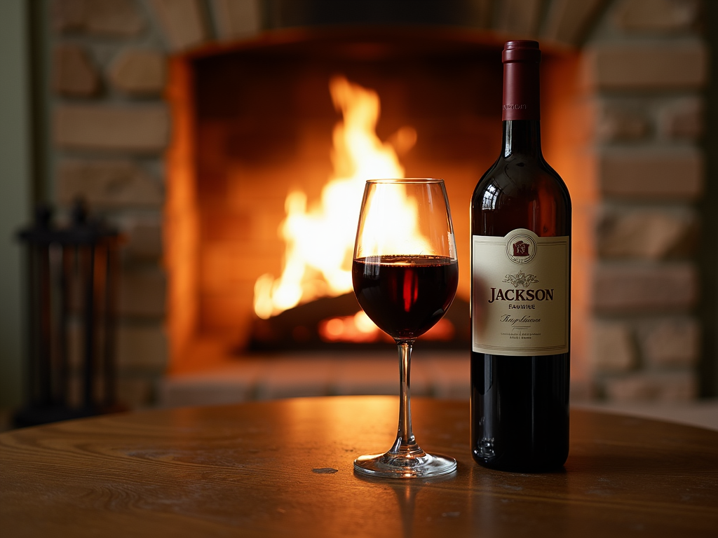 Glass of Jackson Family Wines by a fireplace