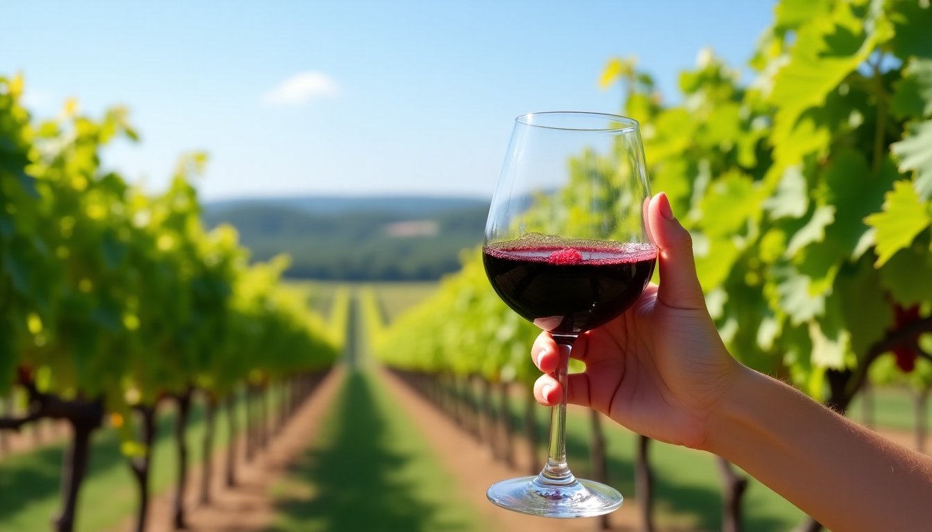 Close-up of a hand holding a wine glass swirling deep red wine, showcasing its clarity and color.