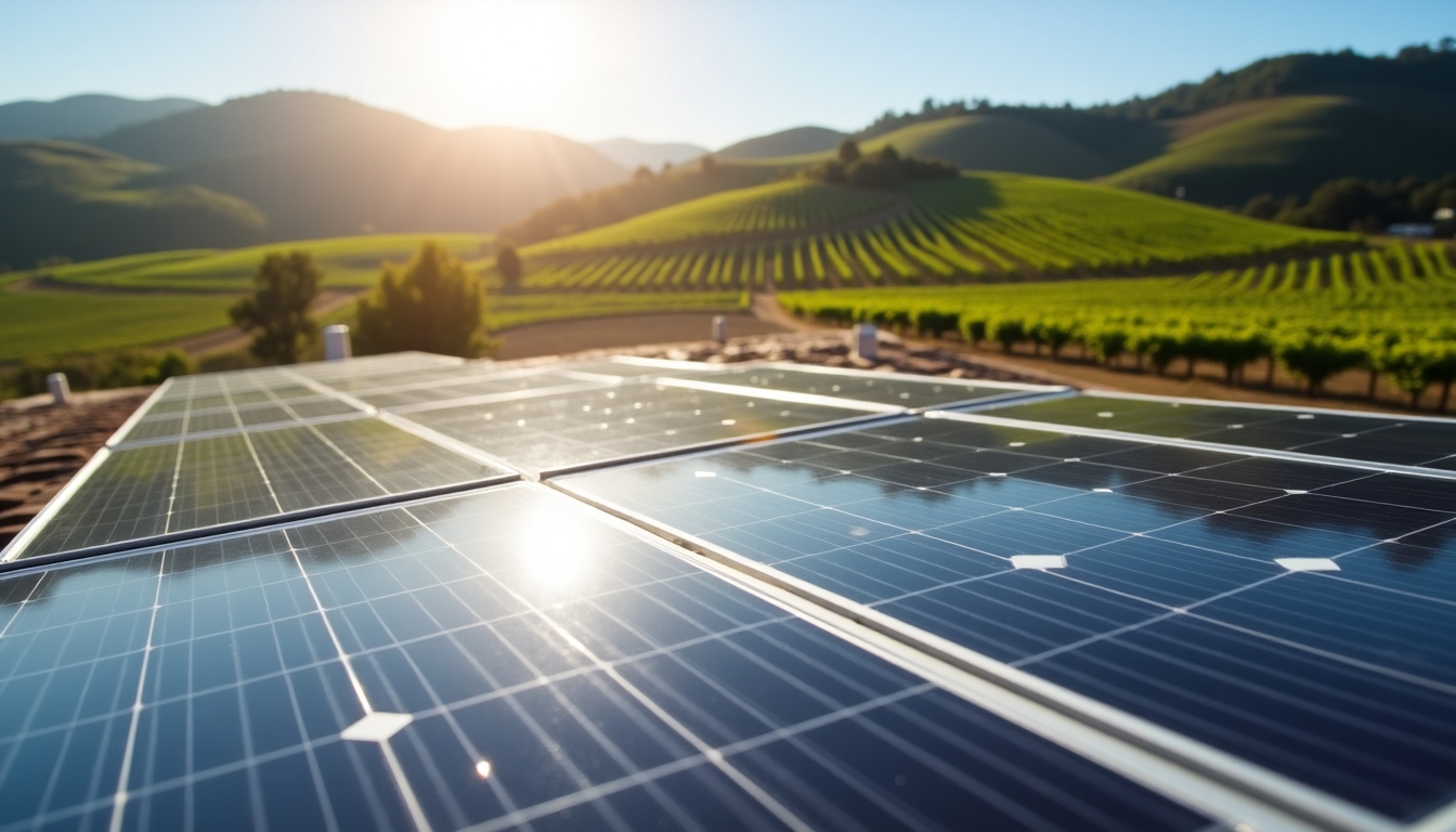 Solar panels on winery roof with vineyard background